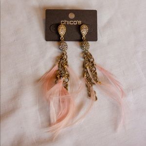 Chico’s NWT Gold & Pink Feather Dangly Earrings